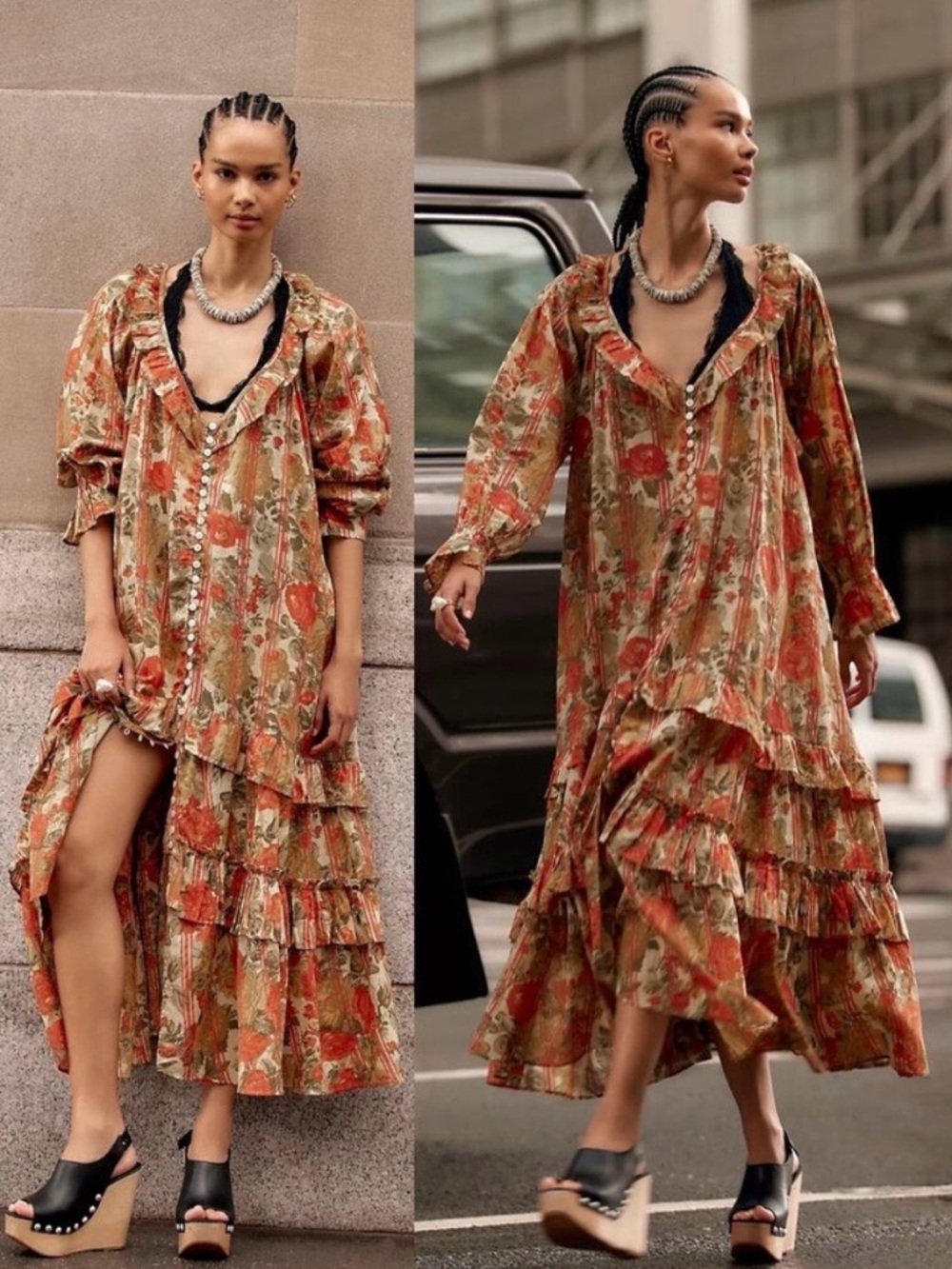 Free People Garden Wonders Tiered Midi Dress Retro 70’s Bohemian Floral Large